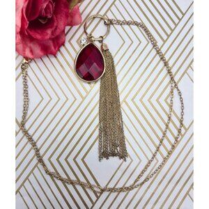 Veronese Signed Gold Tone Tassel Red Teardrop & Crystal Pendant Necklace 32"